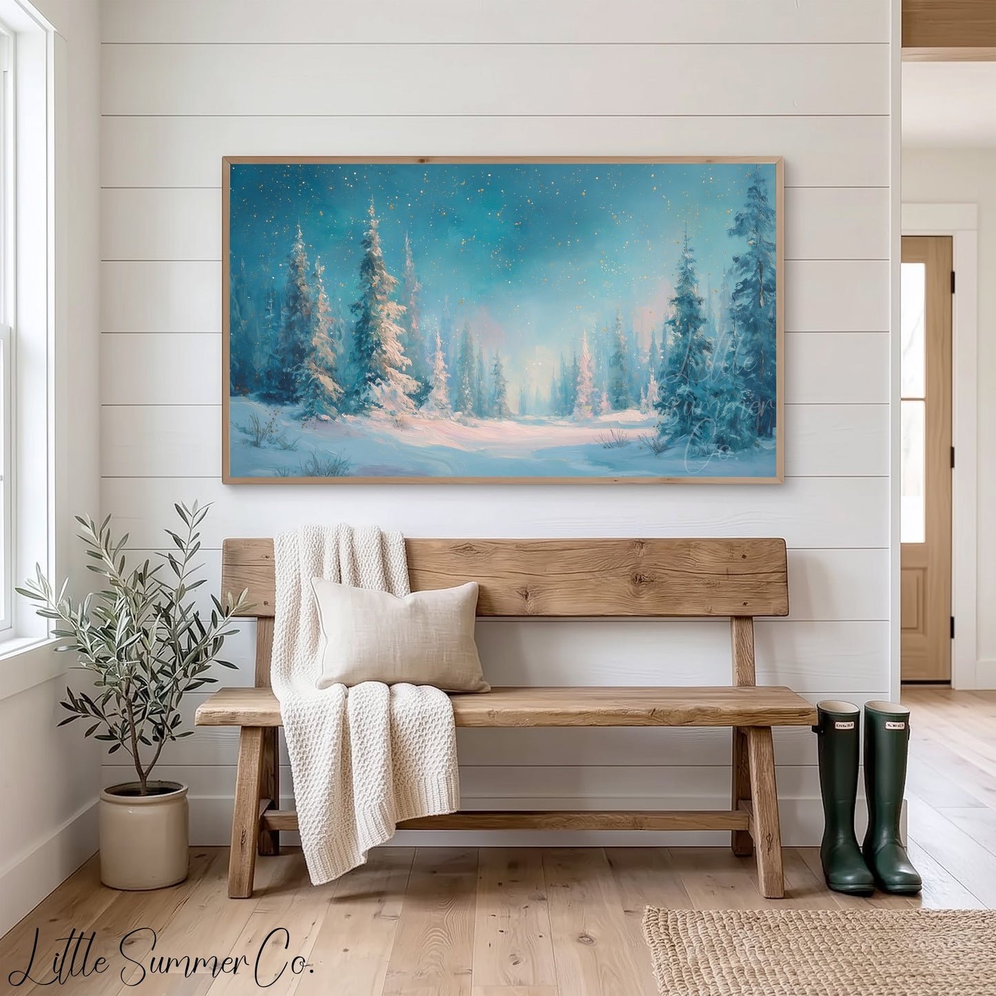 Snowy Pine Forest Clearing Frame TV Art displayed on a TV