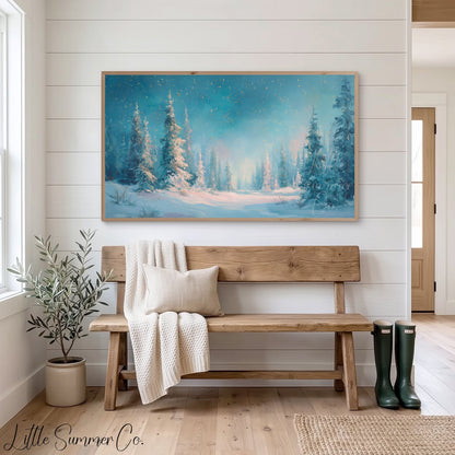Snowy Pine Forest Clearing Frame TV Art displayed on a TV