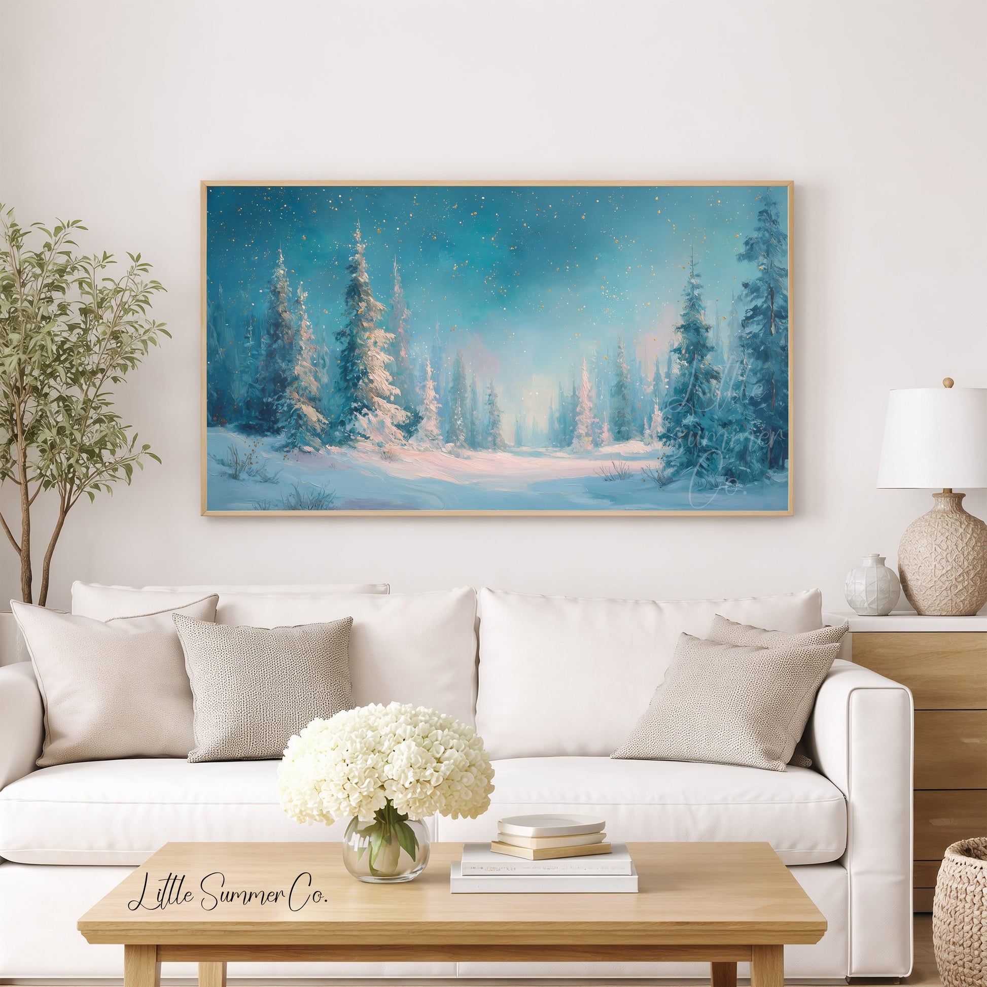 Snowy Pine Forest Clearing Frame TV Art displayed on a TV