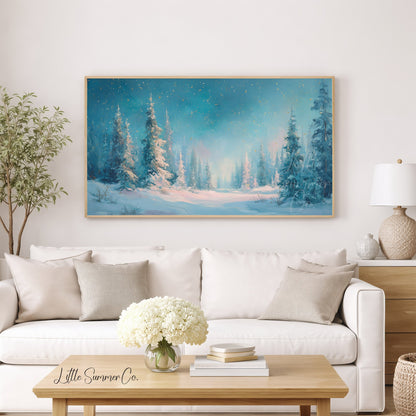 Snowy Pine Forest Clearing Frame TV Art displayed on a TV