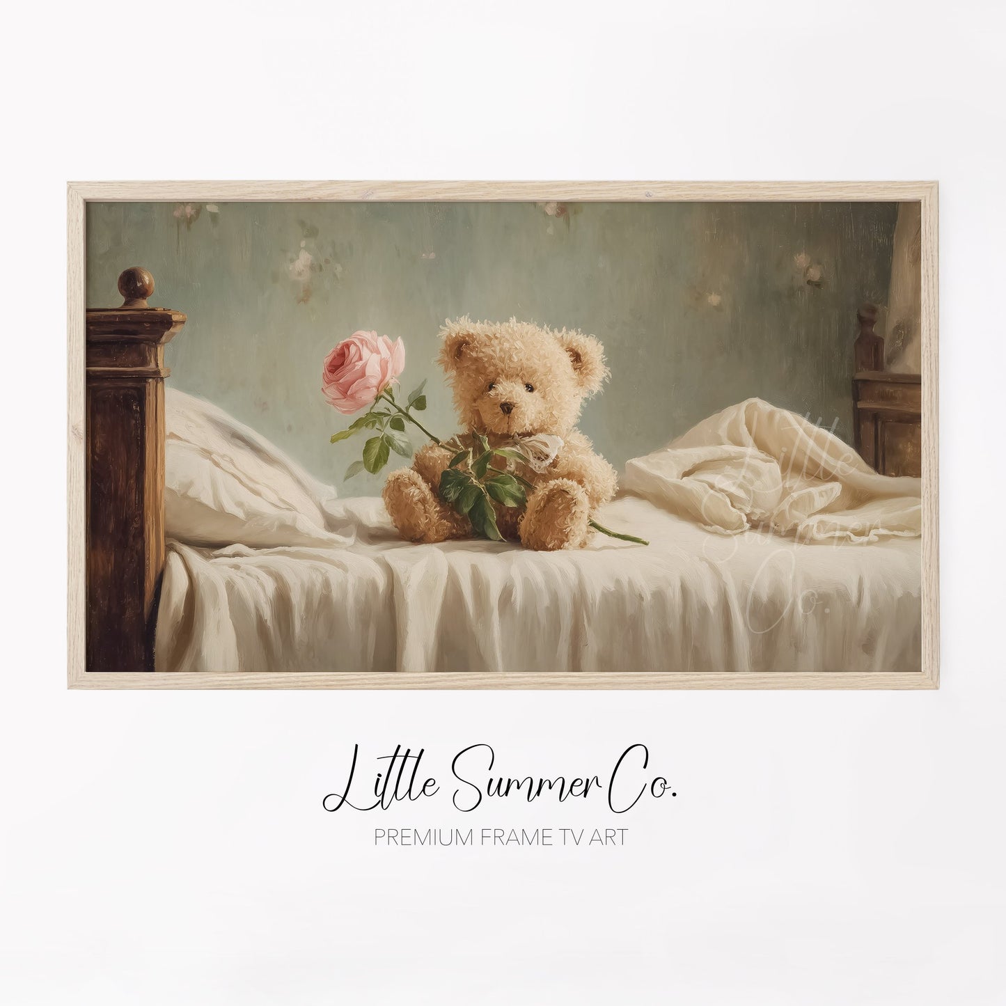 Teddy Bear Holding a Rose Frame TV Art displayed on a TV