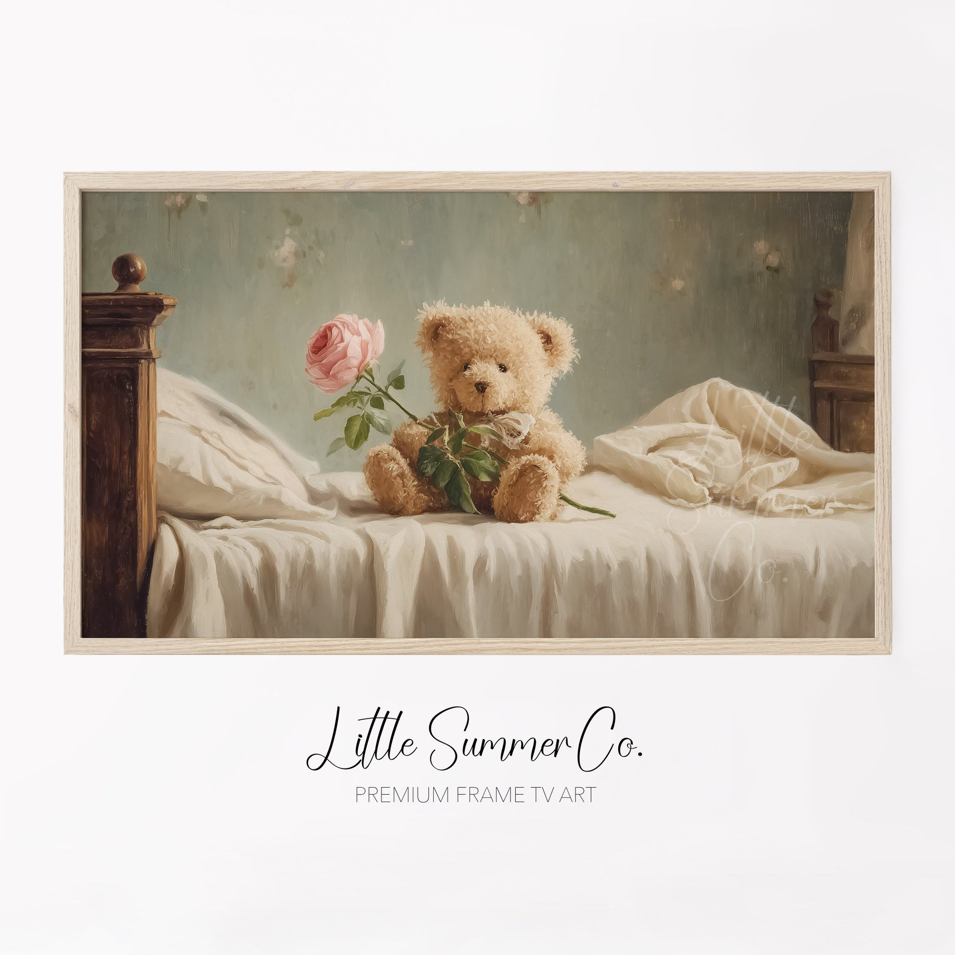 Teddy Bear Holding a Rose Frame TV Art displayed on a TV