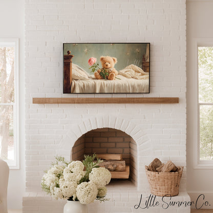 Teddy Bear Holding a Rose Frame TV Art displayed on a TV
