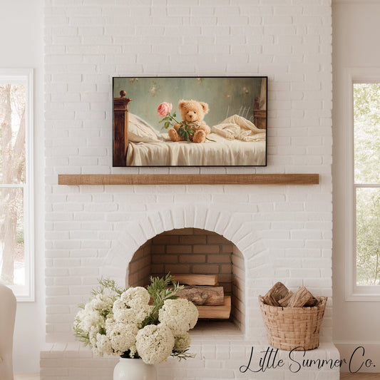 Teddy Bear Holding a Rose Frame TV Art displayed on a TV