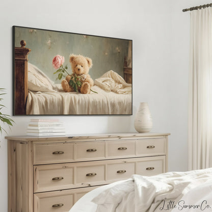 Teddy Bear Holding a Rose Frame TV Art displayed on a TV