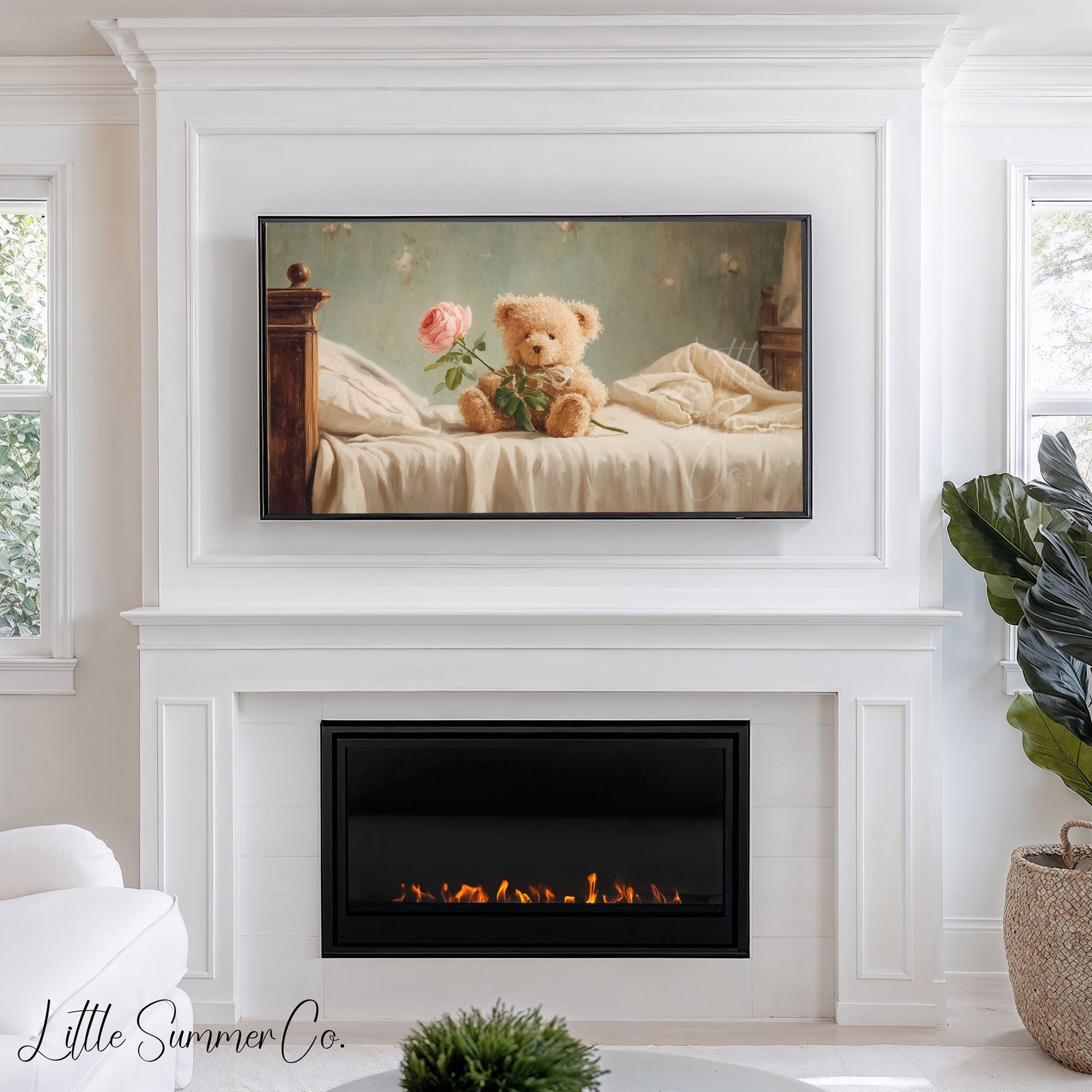 Teddy Bear Holding a Rose Frame TV Art displayed on a TV