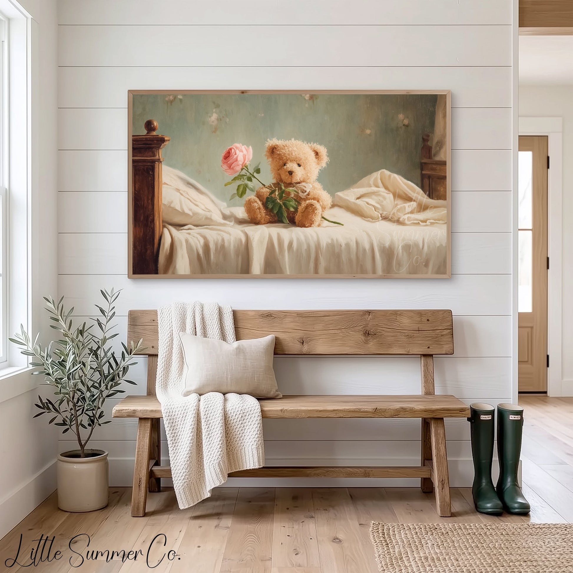 Teddy Bear Holding a Rose Frame TV Art displayed on a TV