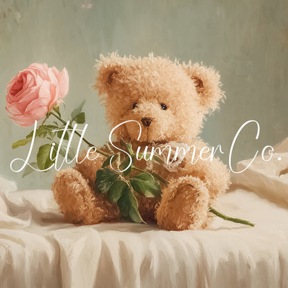 Teddy Bear Holding a Rose Frame TV Art displayed on a TV