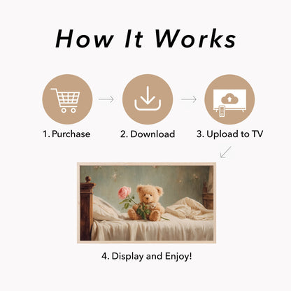 Teddy Bear Holding a Rose Frame TV Art displayed on a TV