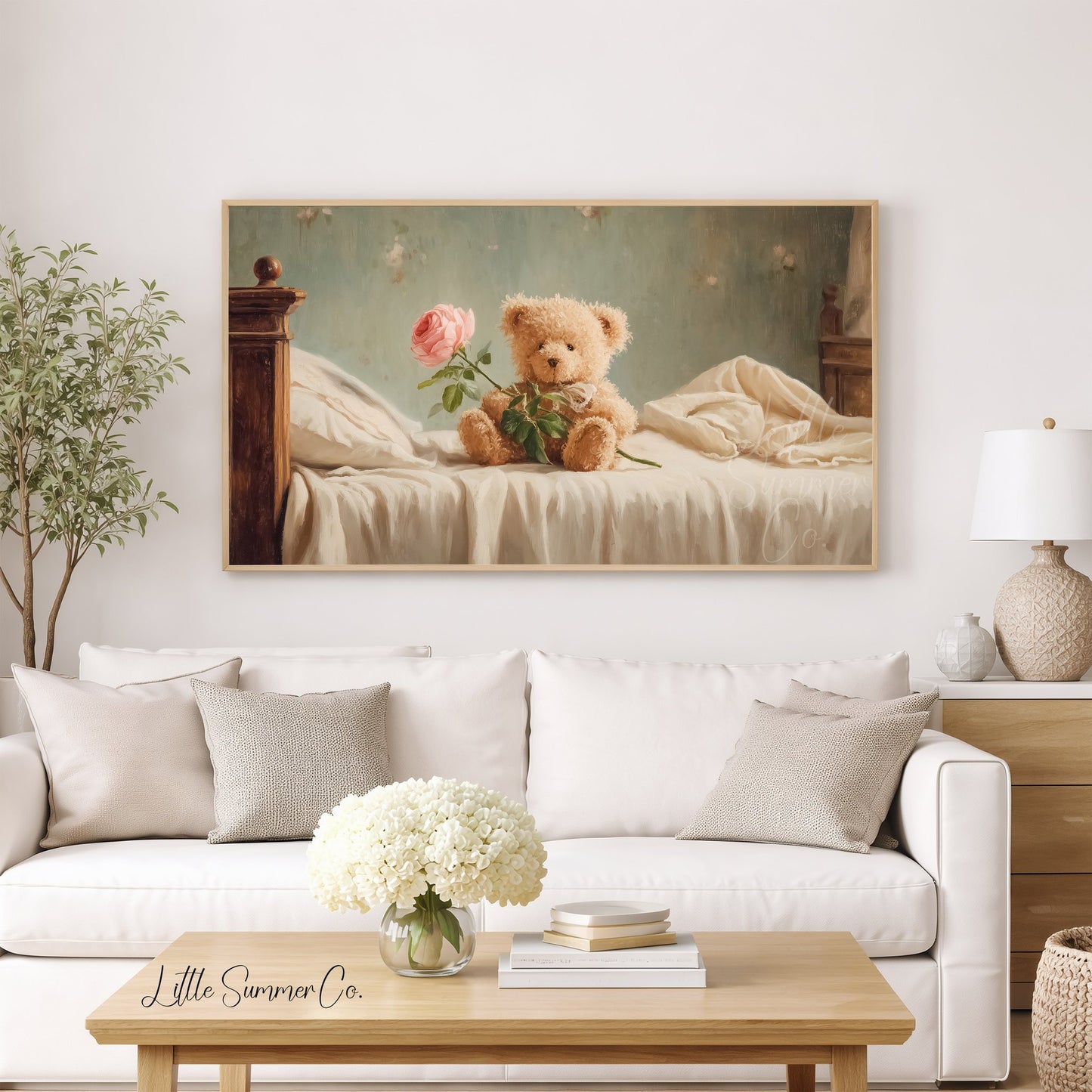 Teddy Bear Holding a Rose Frame TV Art displayed on a TV