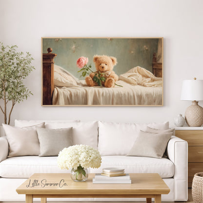 Teddy Bear Holding a Rose Frame TV Art displayed on a TV