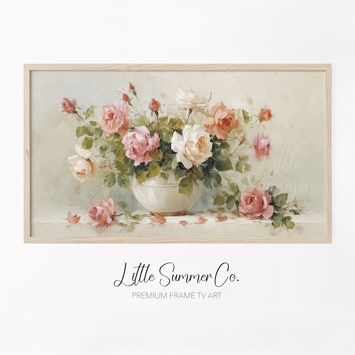 Pink Roses in White Bowl Frame TV Art displayed on a TV