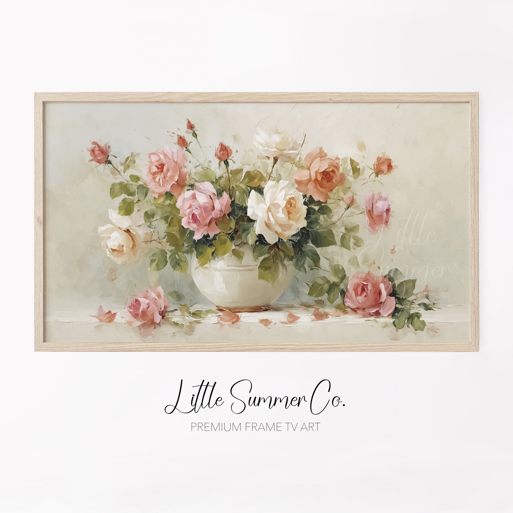 Pink Roses in White Bowl Frame TV Art displayed on a TV