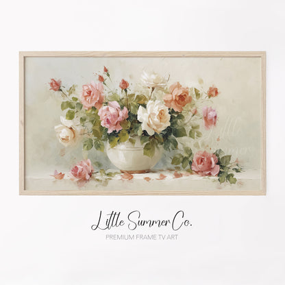 Pink Roses in White Bowl Frame TV Art displayed on a TV