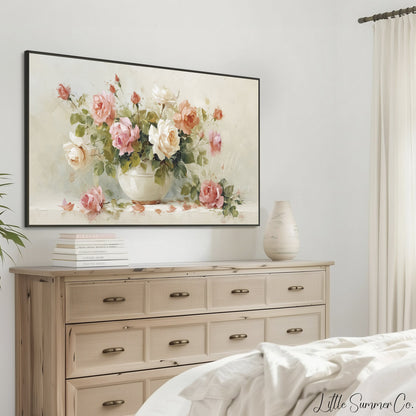Pink Roses in White Bowl Frame TV Art displayed on a TV