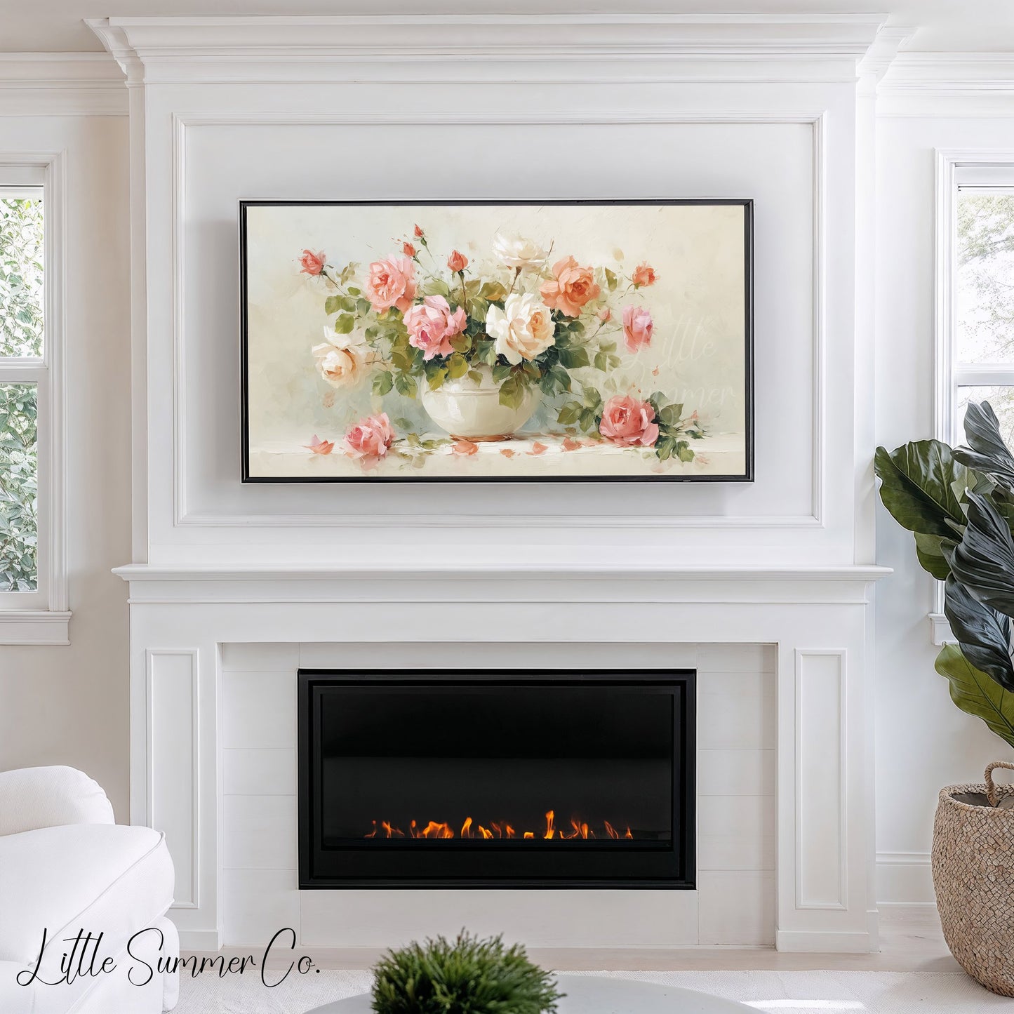 Pink Roses in White Bowl Frame TV Art displayed on a TV