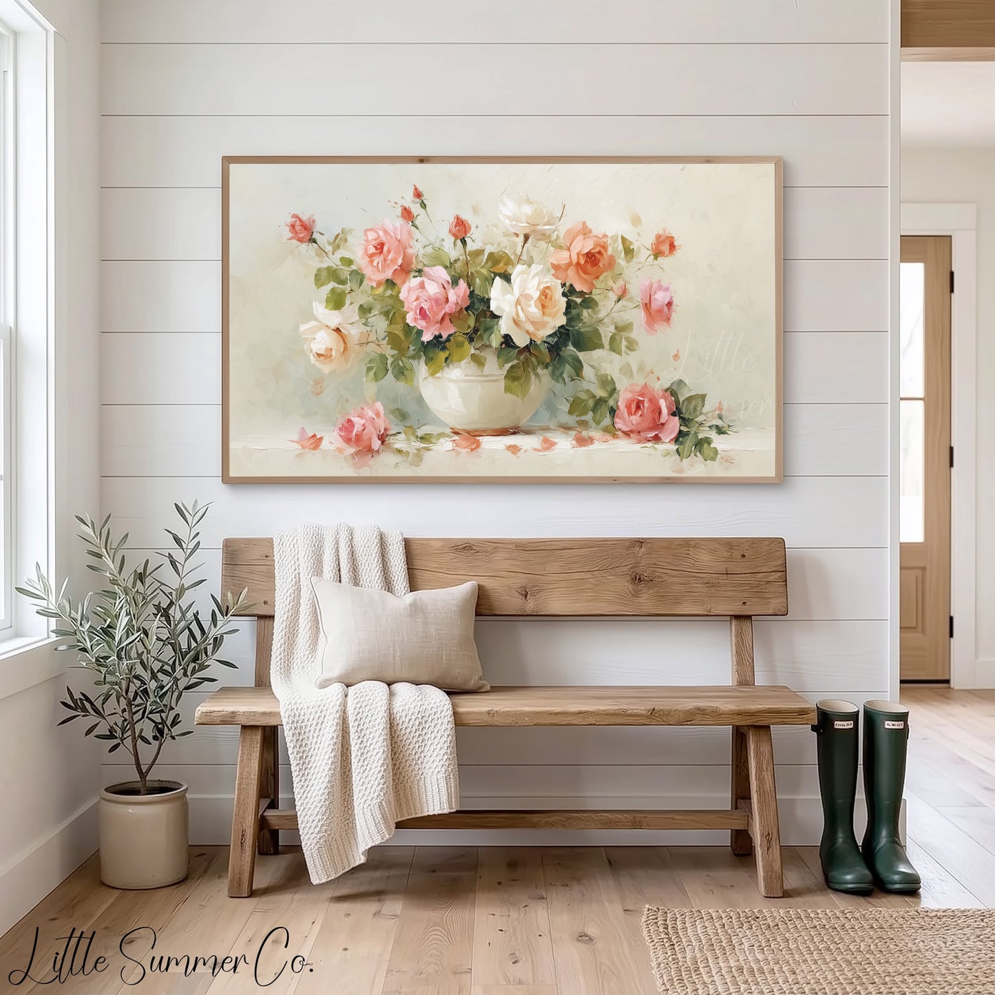 Pink Roses in White Bowl Frame TV Art displayed on a TV