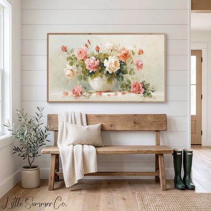 Pink Roses in White Bowl Frame TV Art displayed on a TV