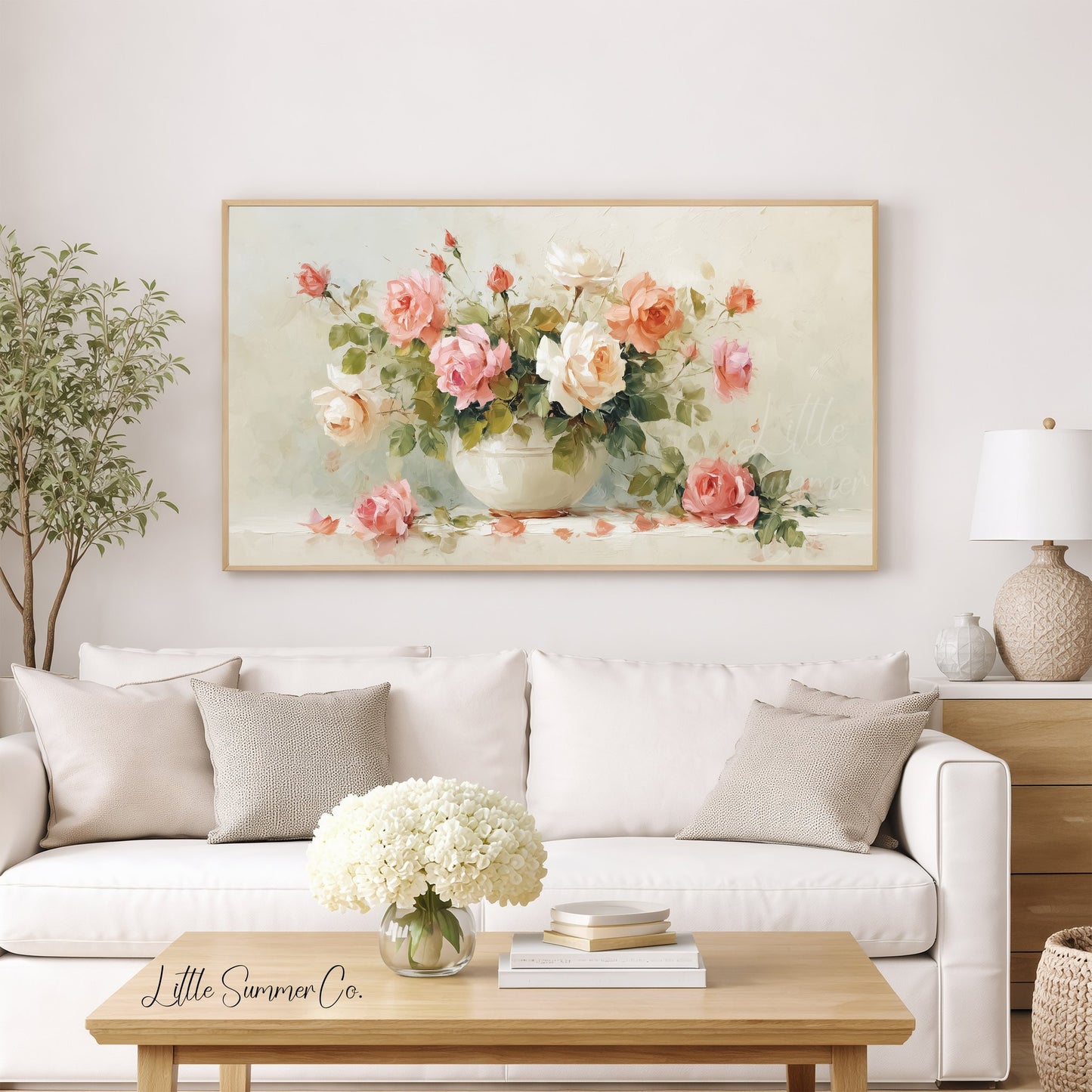 Pink Roses in White Bowl Frame TV Art displayed on a TV