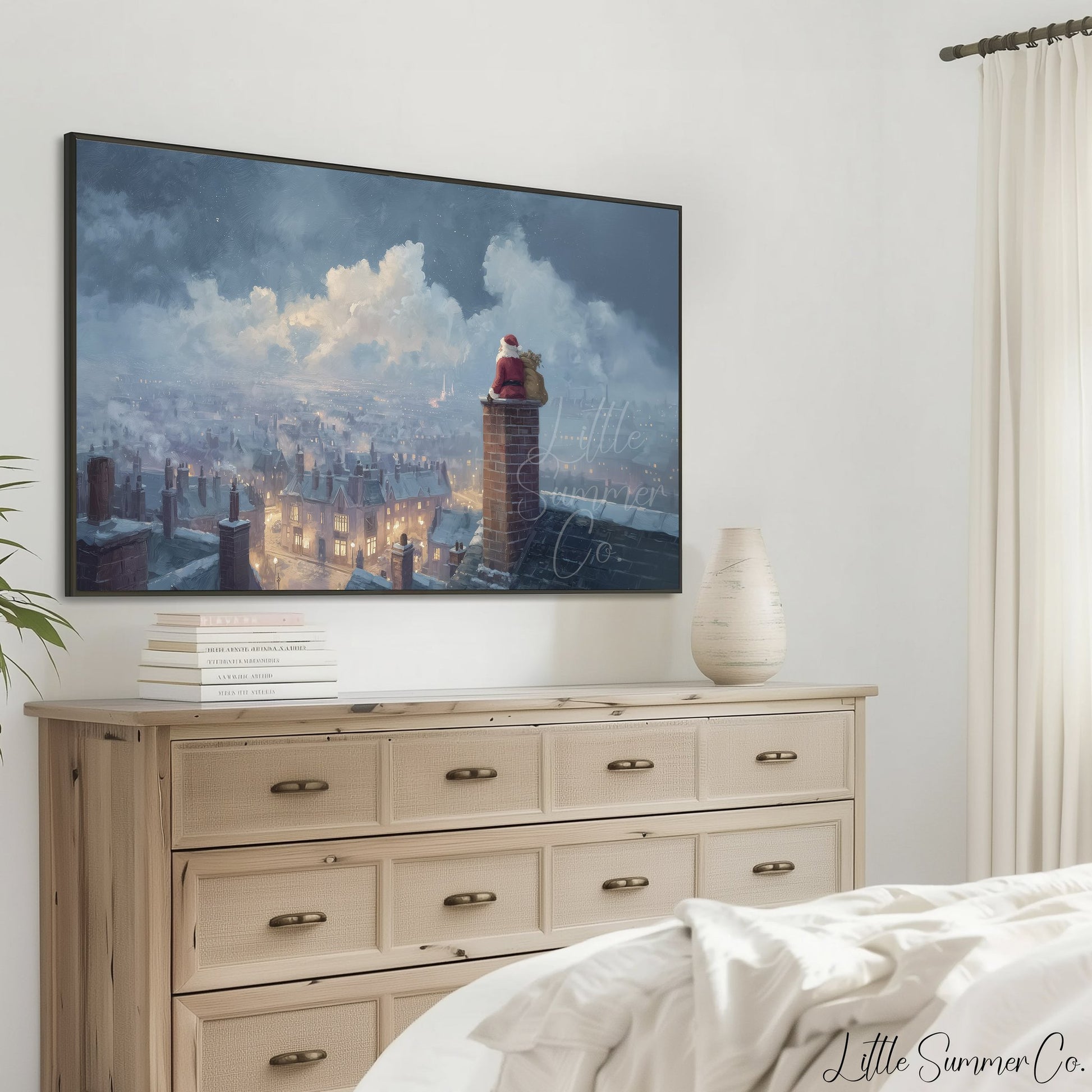 Santa by Chimney City View Frame TV Art displayed on a TV