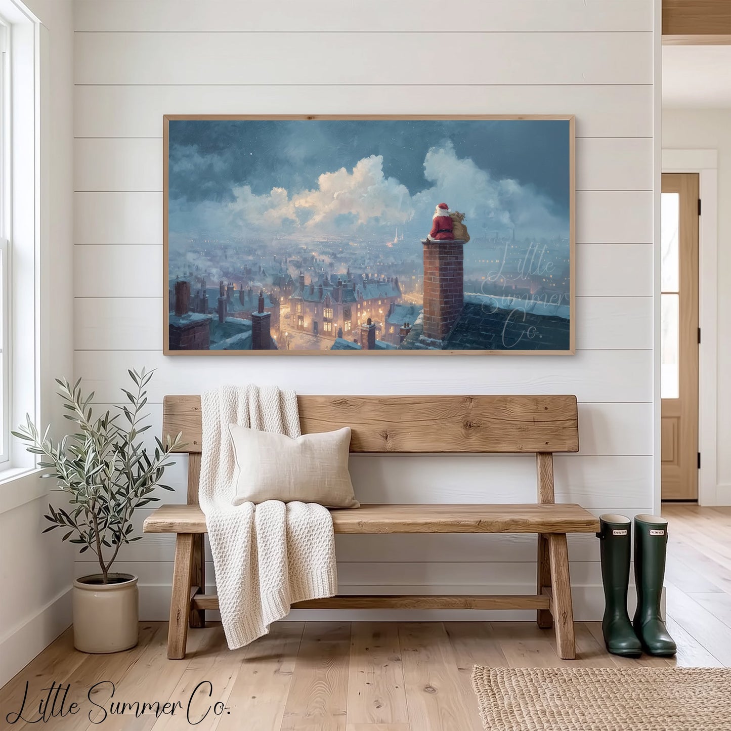 Santa by Chimney City View Frame TV Art displayed on a TV