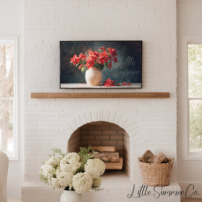 Poinsettias in Rustic Vase Frame TV Art displayed on a TV