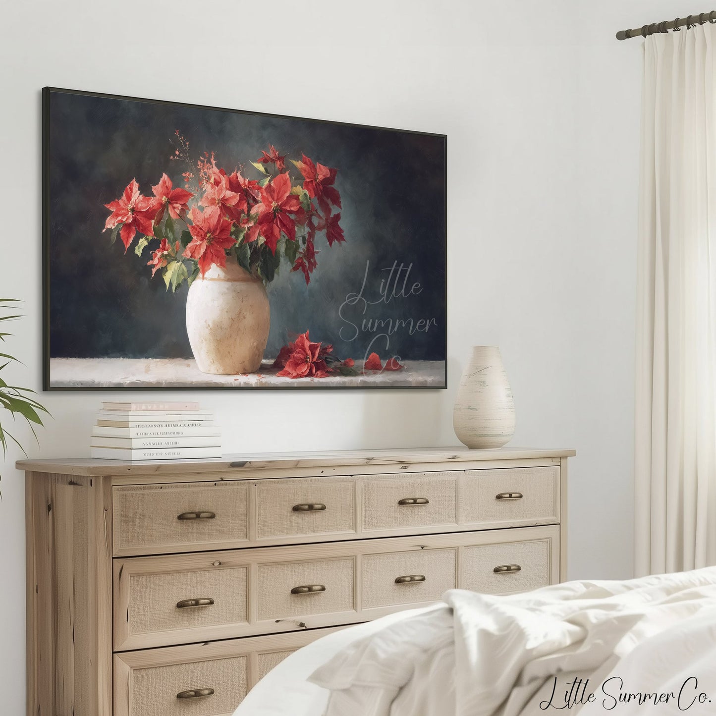 Poinsettias in Rustic Vase Frame TV Art displayed on a TV