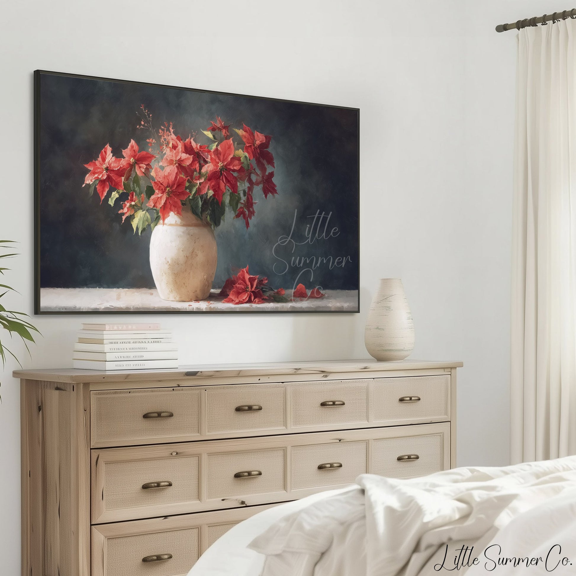 Poinsettias in Rustic Vase Frame TV Art displayed on a TV