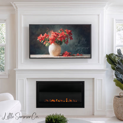 Poinsettias in Rustic Vase Frame TV Art displayed on a TV