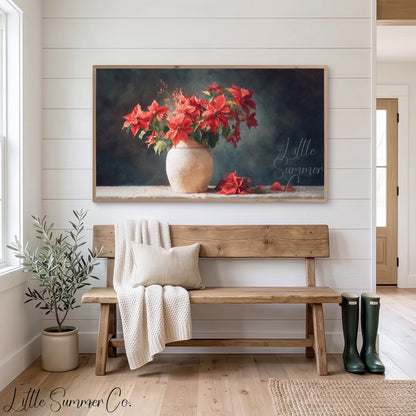 Poinsettias in Rustic Vase Frame TV Art displayed on a TV