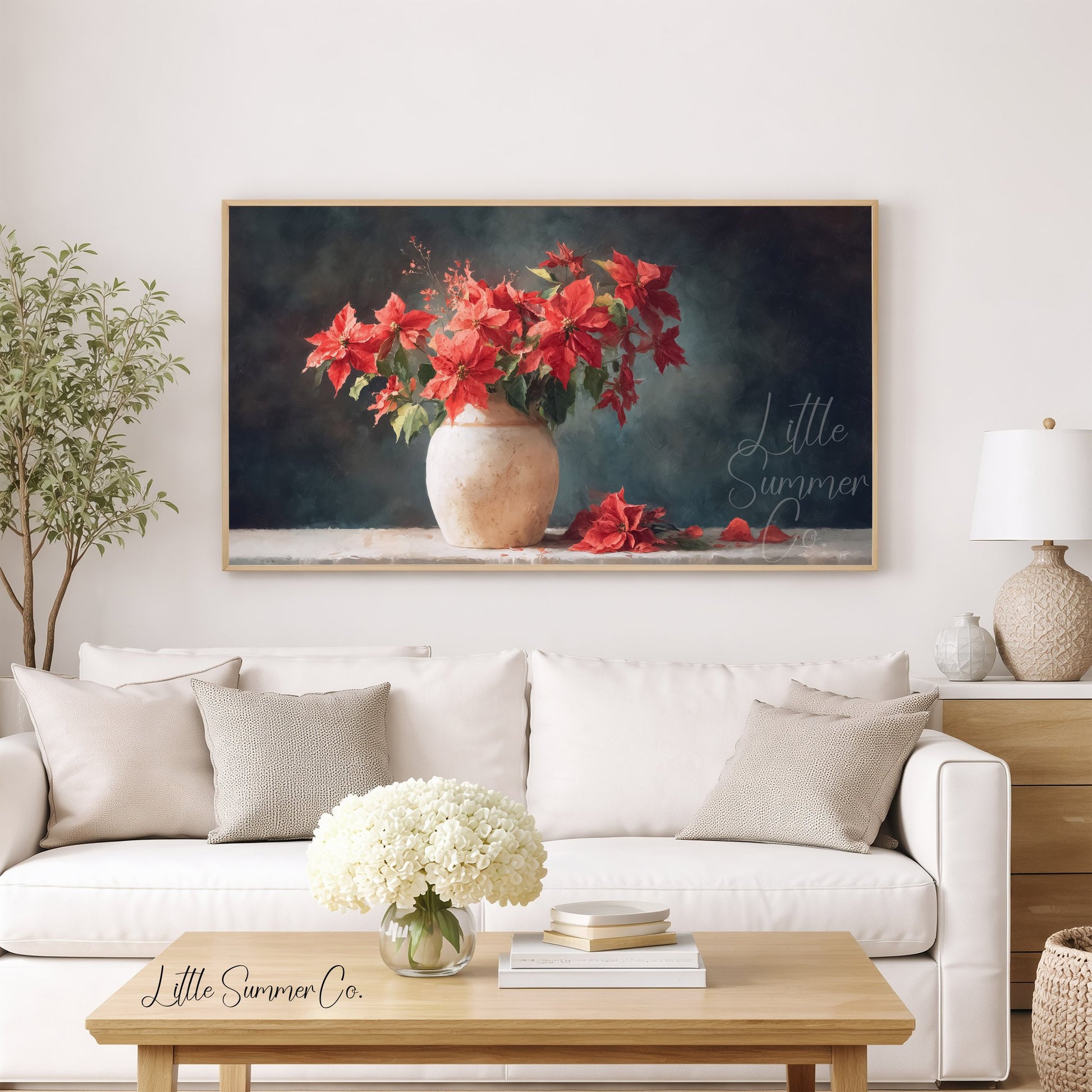 Poinsettias in Rustic Vase Frame TV Art displayed on a TV