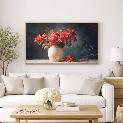 Poinsettias in Rustic Vase Frame TV Art displayed on a TV