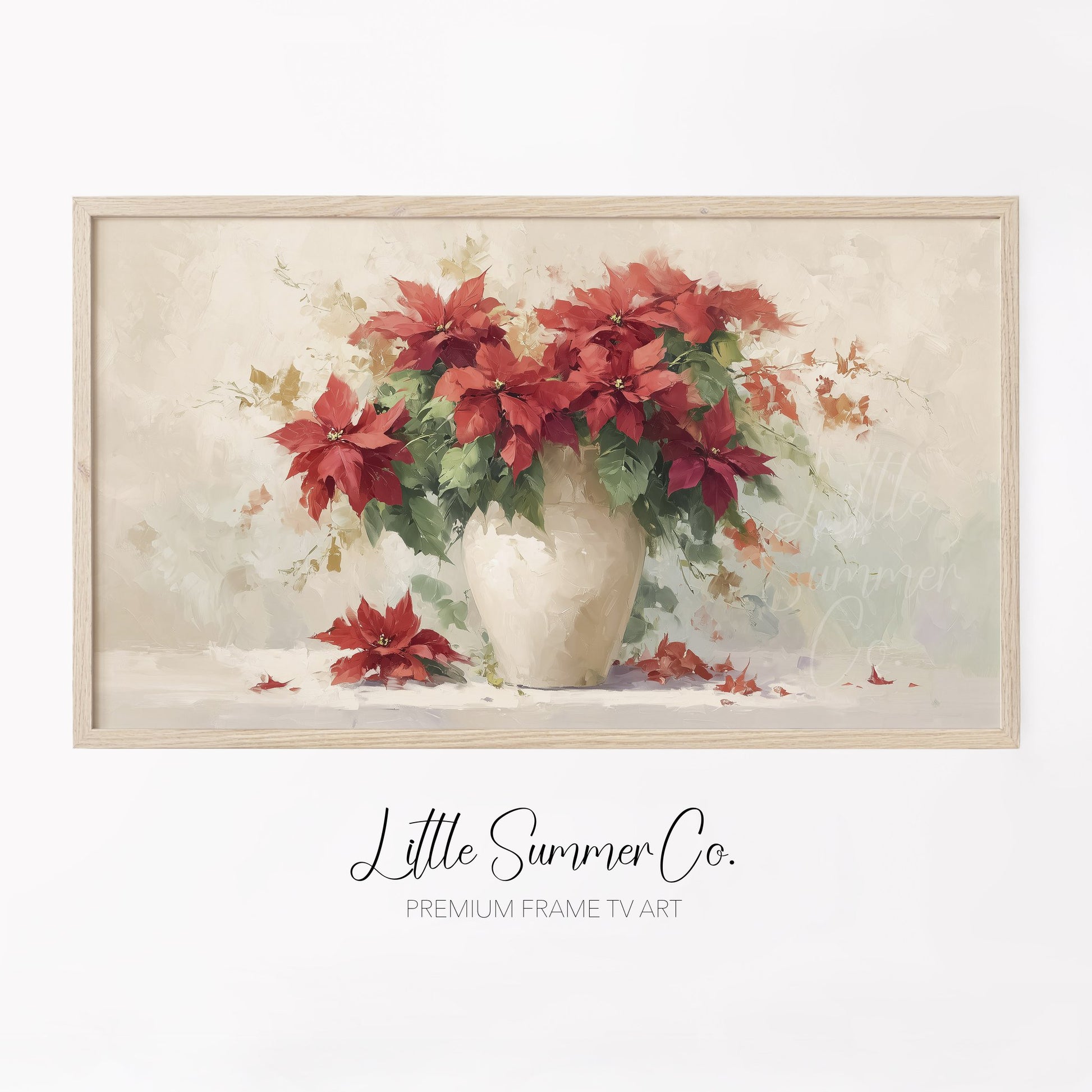 Red Poinsettias in White Vase Frame TV Art displayed on a TV