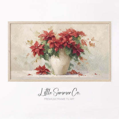 Red Poinsettias in White Vase Frame TV Art displayed on a TV