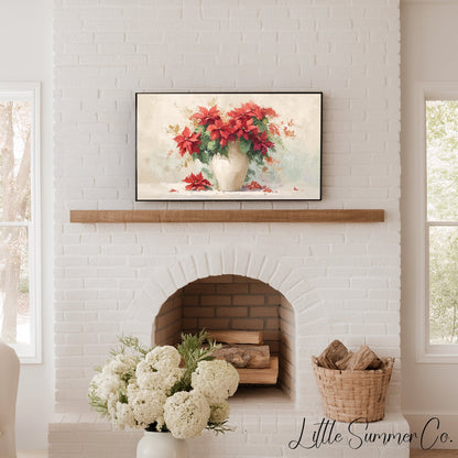 Red Poinsettias in White Vase Frame TV Art displayed on a TV