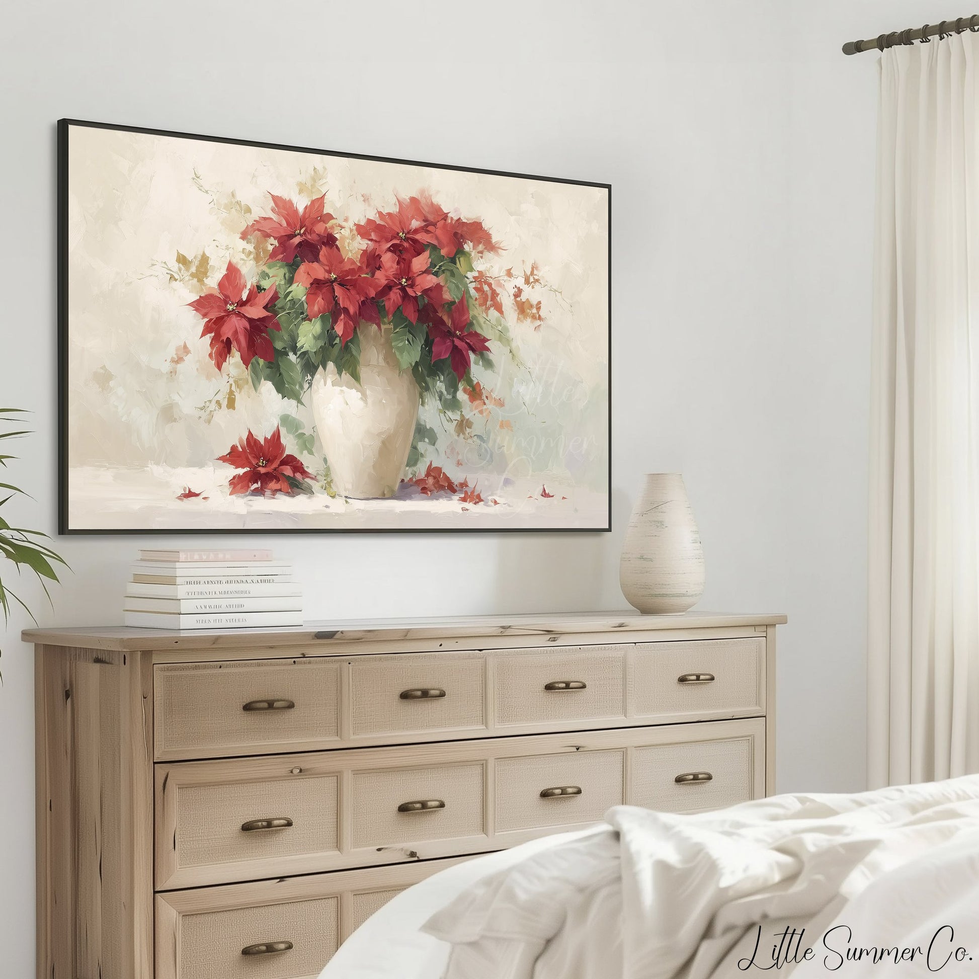 Red Poinsettias in White Vase Frame TV Art displayed on a TV