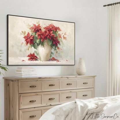 Red Poinsettias in White Vase Frame TV Art displayed on a TV