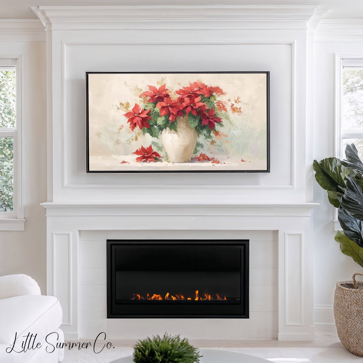 Red Poinsettias in White Vase Frame TV Art displayed on a TV