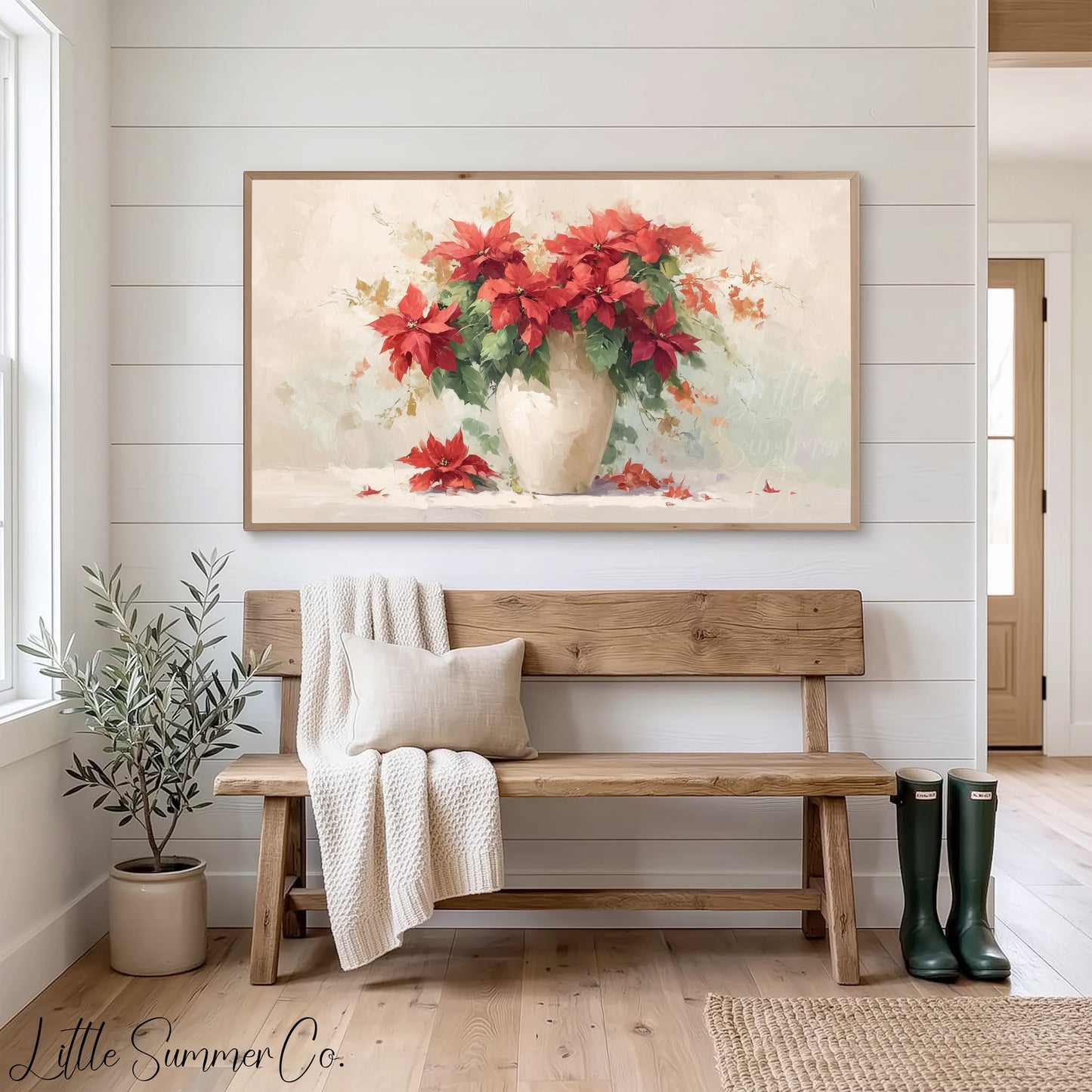 Red Poinsettias in White Vase Frame TV Art displayed on a TV
