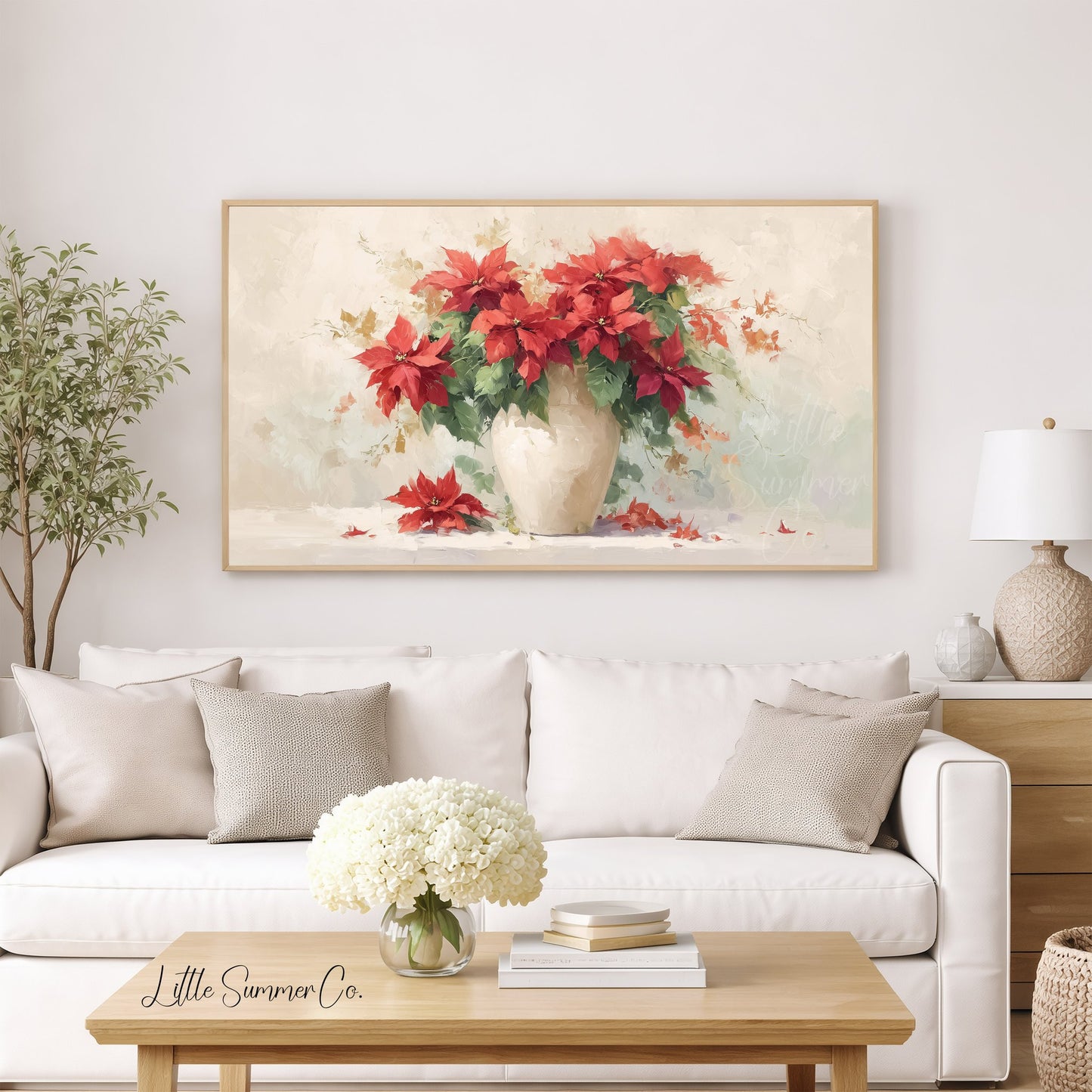 Red Poinsettias in White Vase Frame TV Art displayed on a TV