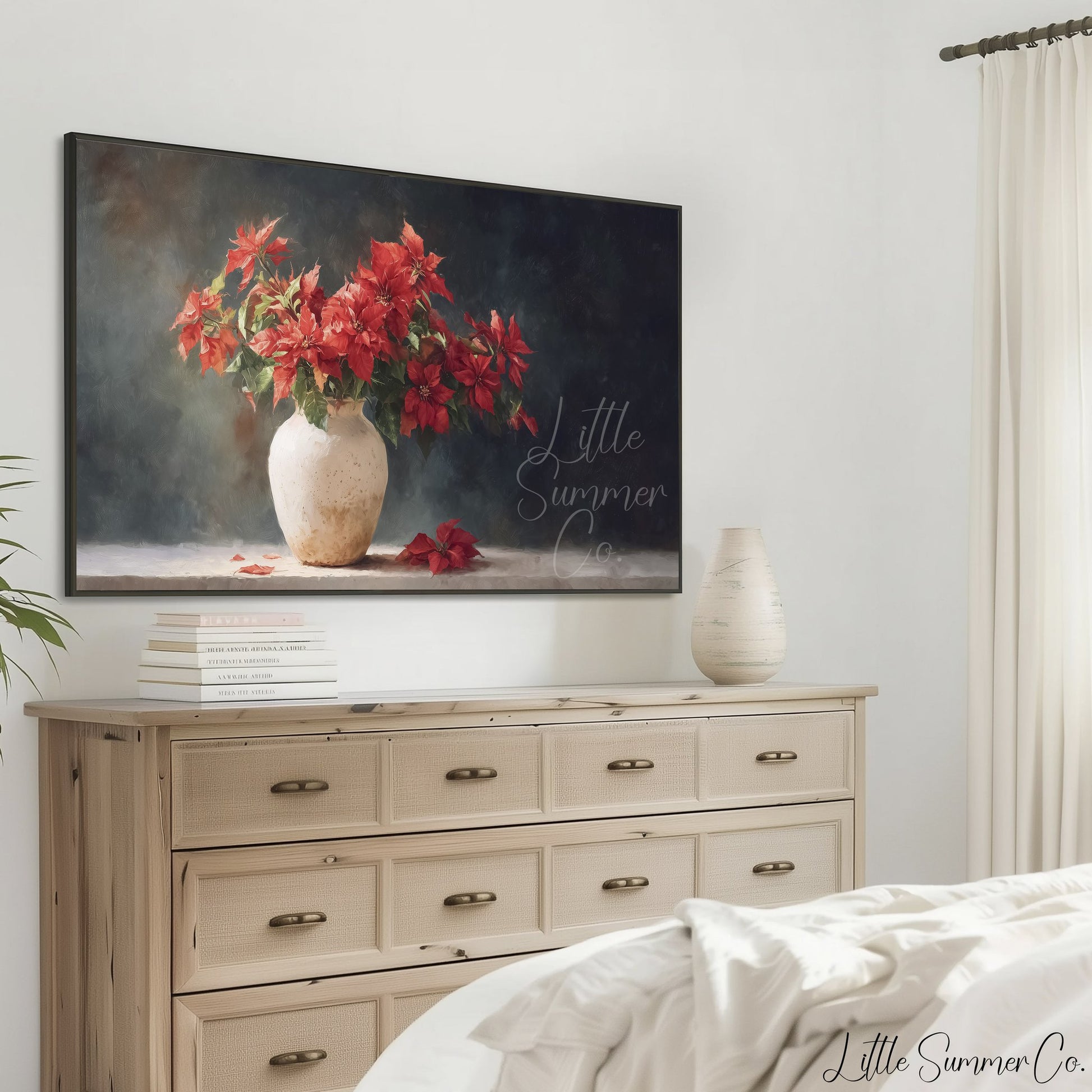 Poinsettia Bouquet in Vase Frame TV Art displayed on a TV