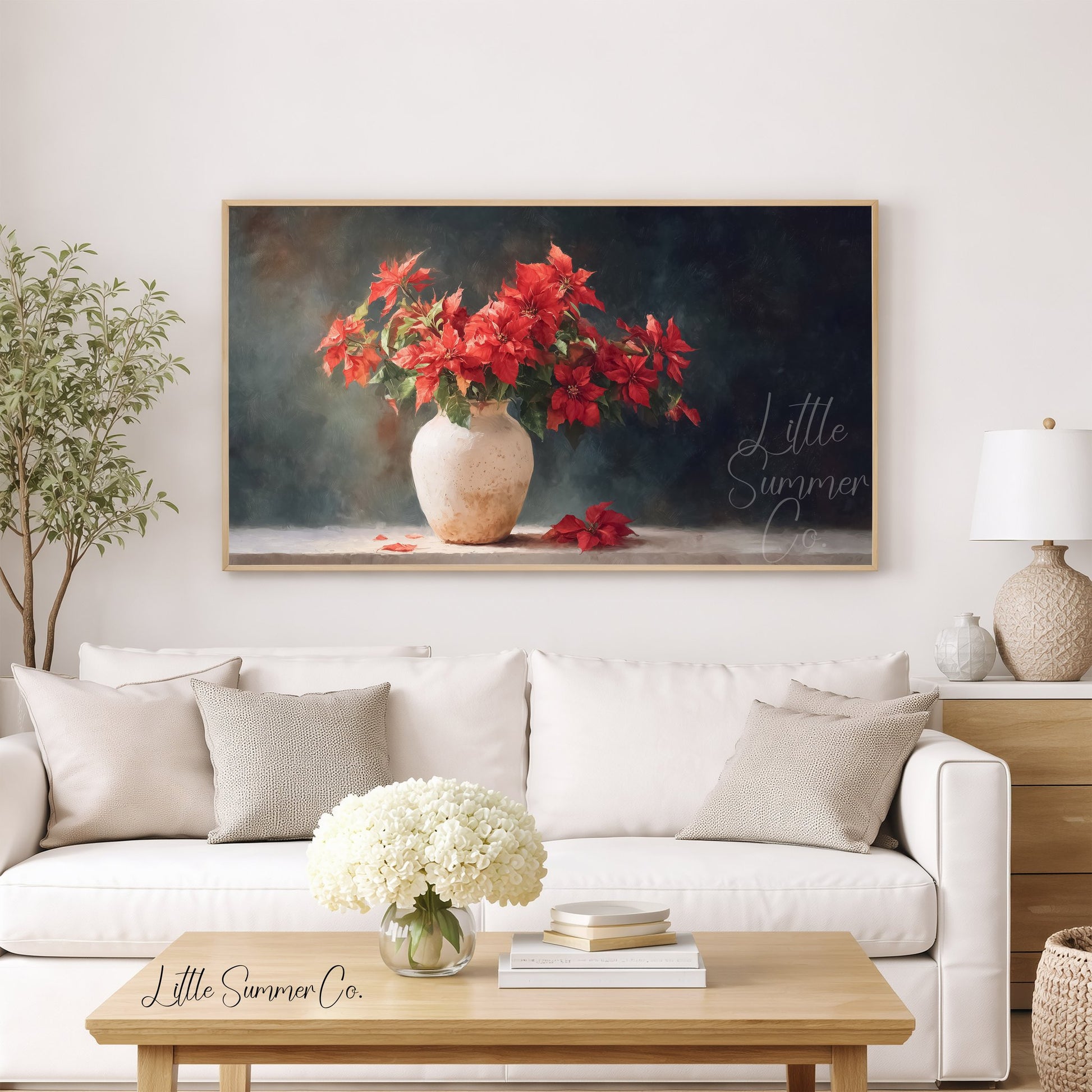 Poinsettia Bouquet in Vase Frame TV Art displayed on a TV