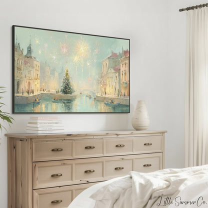 New Year Fireworks Canal Frame TV Art displayed on a TV