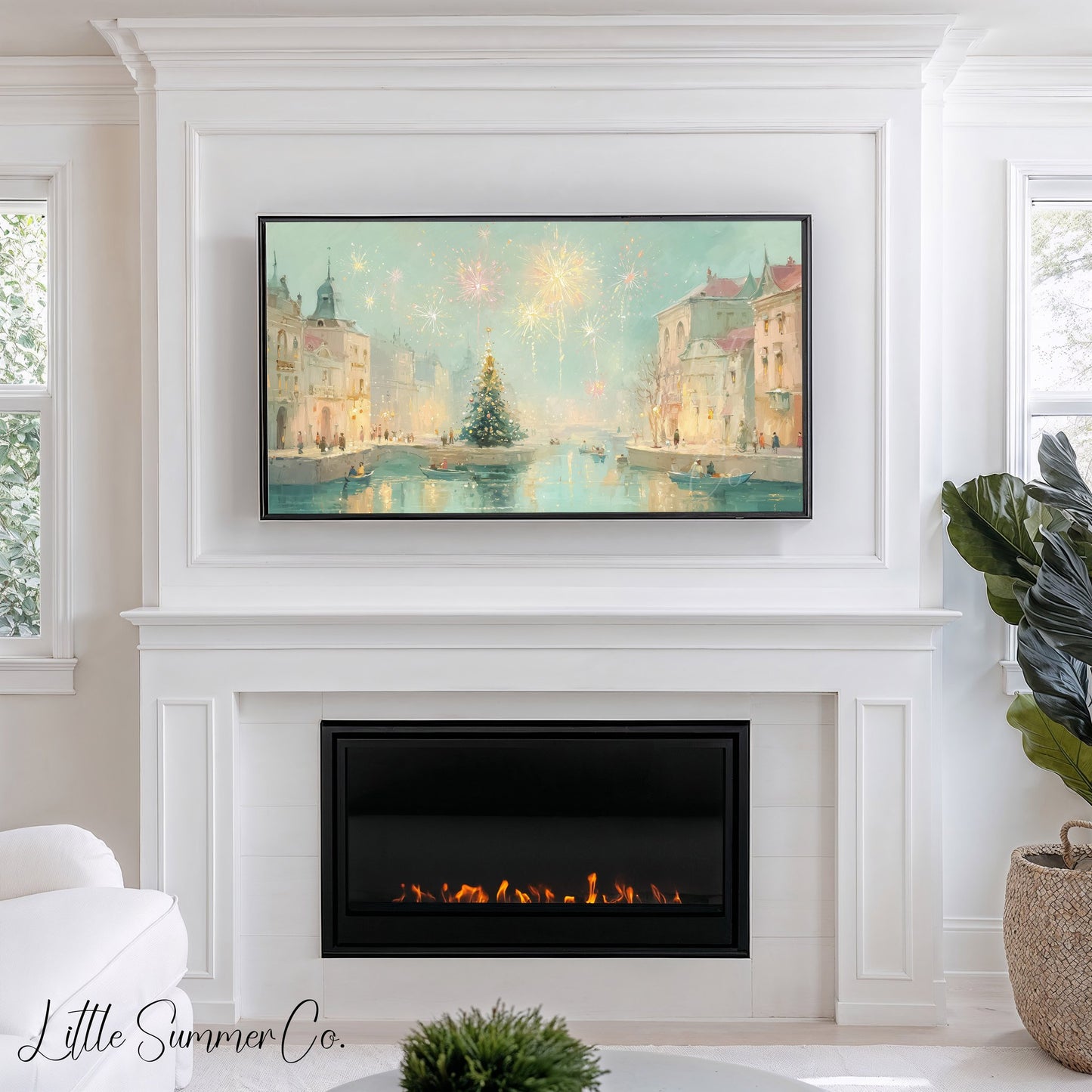 New Year Fireworks Canal Frame TV Art displayed on a TV