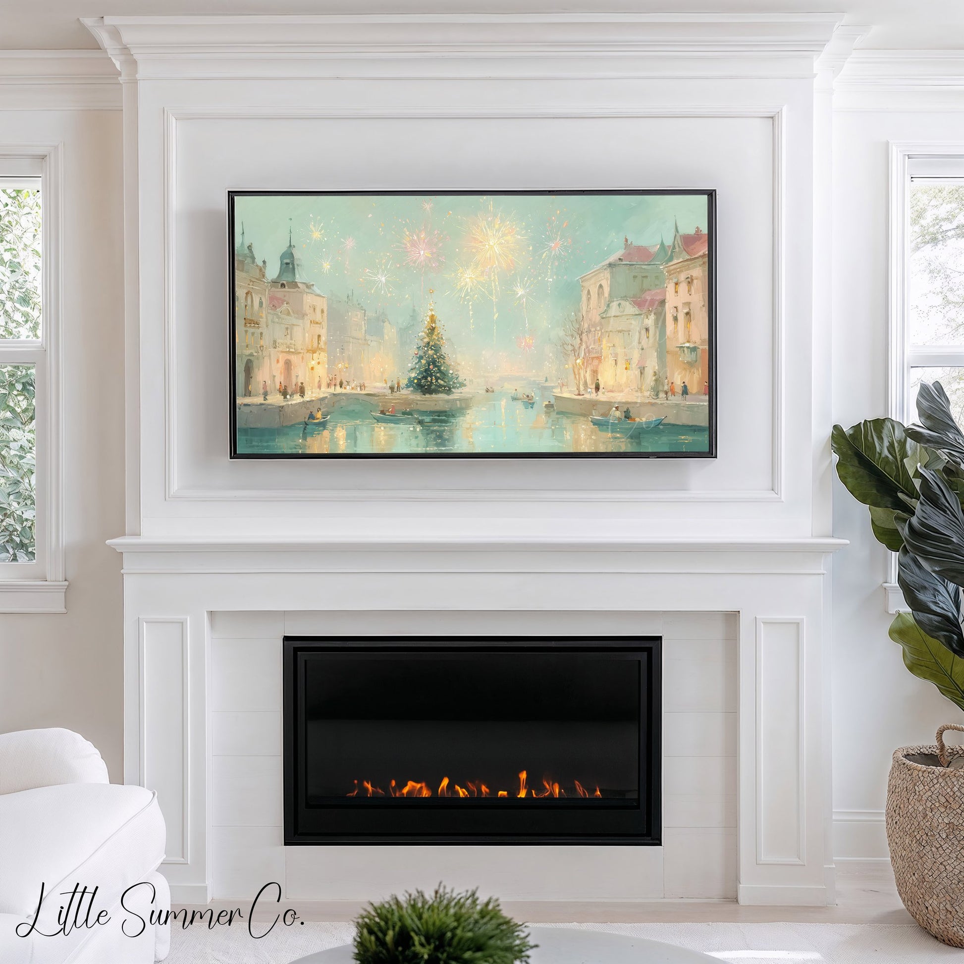 New Year Fireworks Canal Frame TV Art displayed on a TV