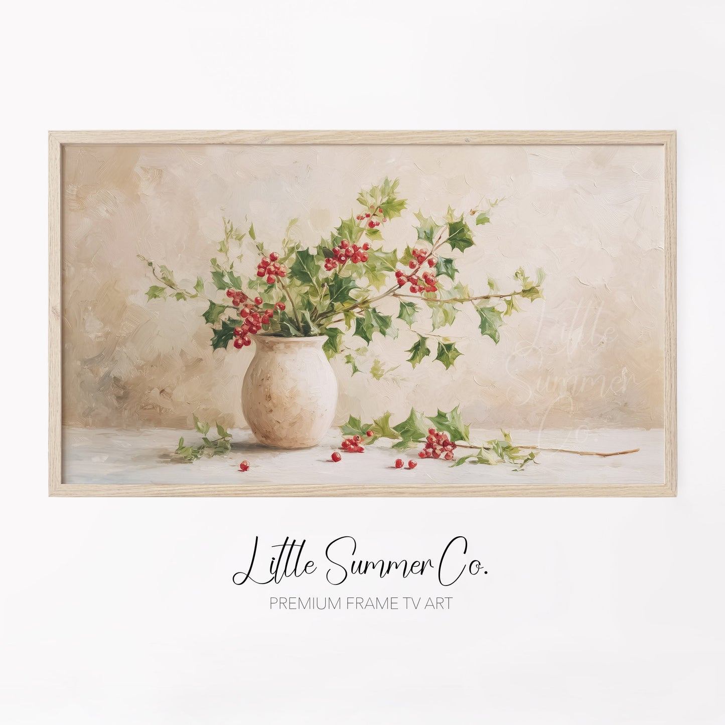 Holly Branches in Vase Frame TV Art displayed on a TV