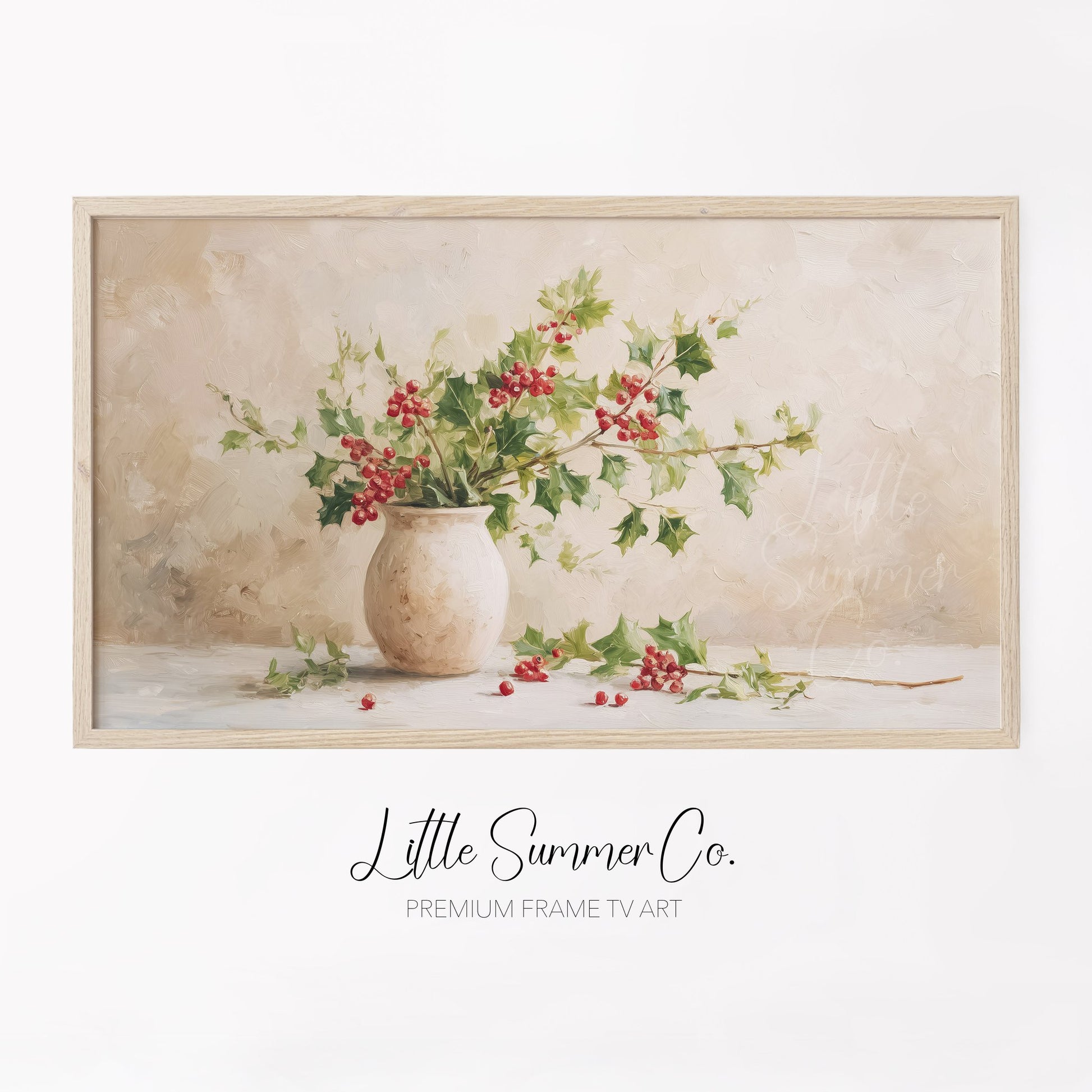 Holly Branches in Vase Frame TV Art displayed on a TV