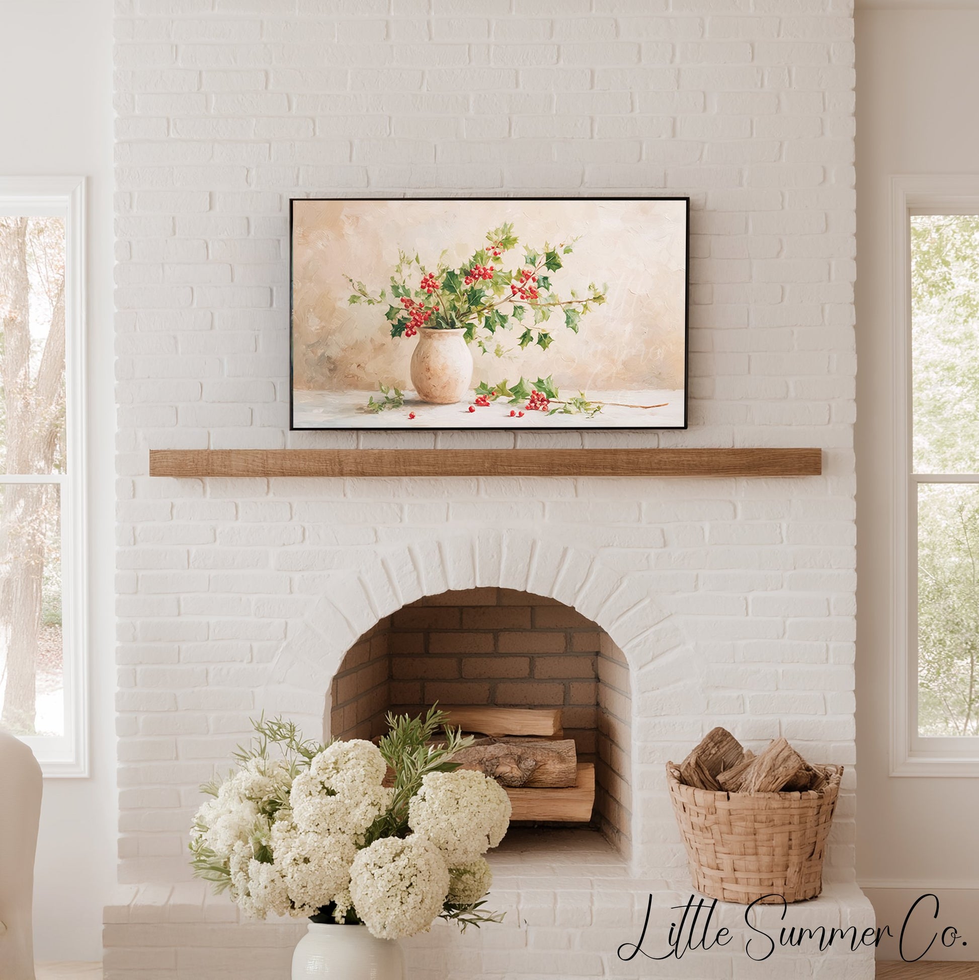 Holly Branches in Vase Frame TV Art displayed on a TV