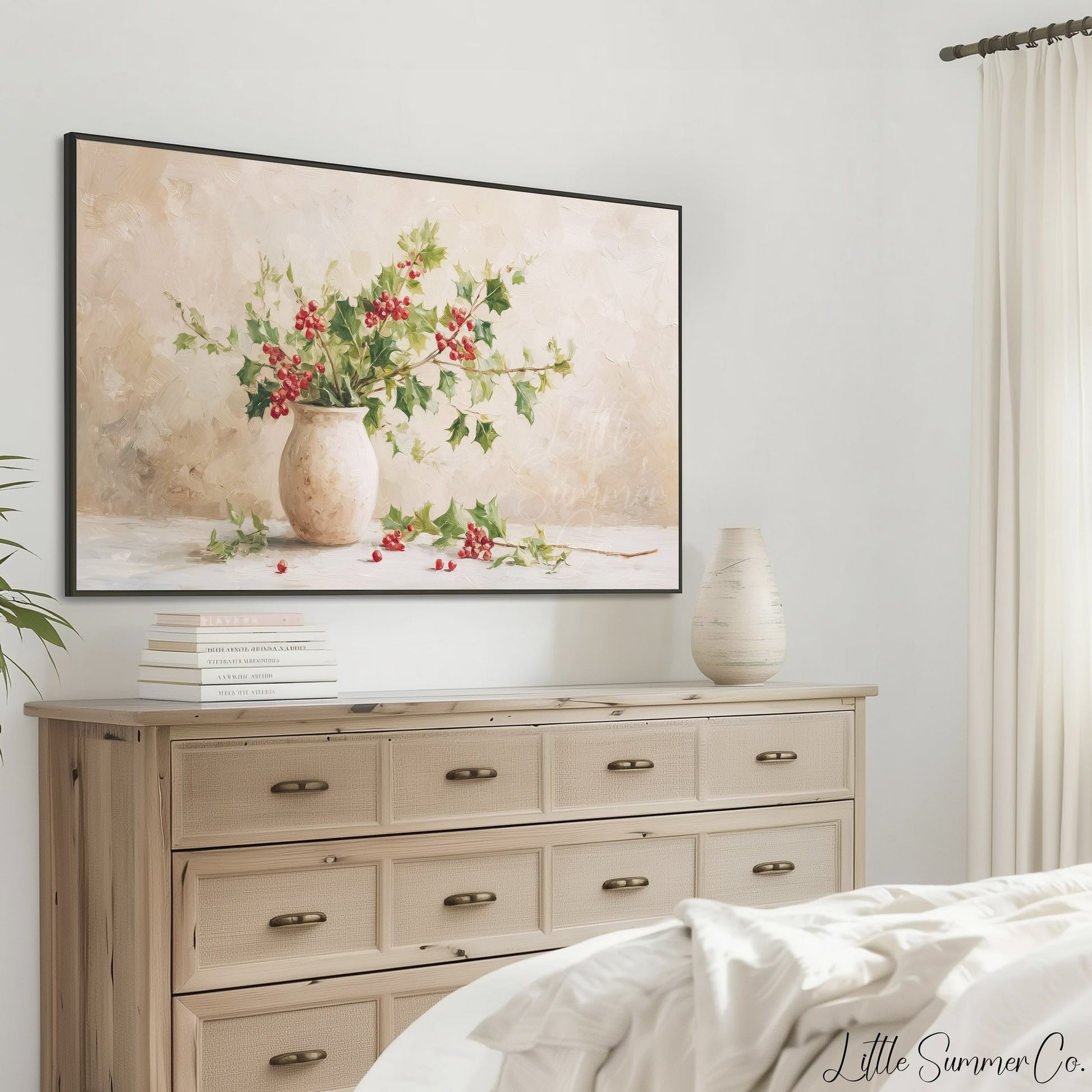 Holly Branches in Vase Frame TV Art displayed on a TV