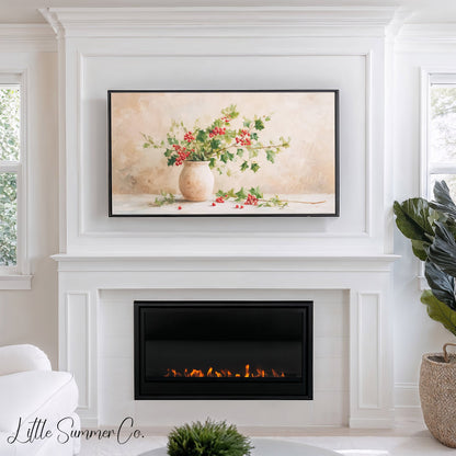 Holly Branches in Vase Frame TV Art displayed on a TV